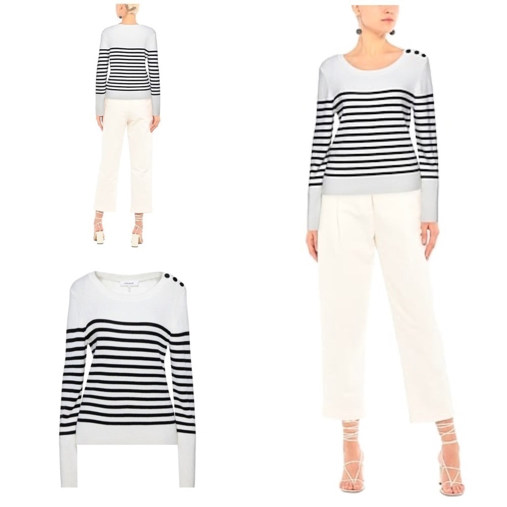 EUC Frame Off White Striped Merino Wool Prep Nautical Pullover Sweater S​​​​​​​